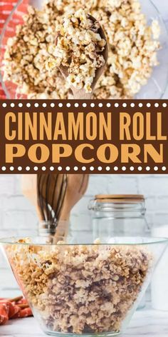 homemade cinnamon roll popcorn in a glass bowl