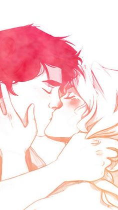 a man and woman kissing each other in front of a white background with red watercolors