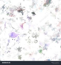 an abstract floral background with watercolor flowers and leaves on white, blue, pink and purple colors