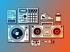 various electronic equipment are arranged on a multicolored background, including a record player, tape recorder and headphones