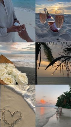 the collage shows two people holding wine glasses and flowers on the beach at sunset