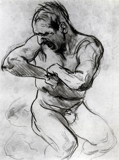 a black and white drawing of a man with his hands on his face, leaning forward