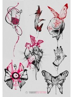 some very pretty drawings on the side of a white wall with red and black ink