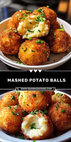 mashed potato balls on a white plate with text overlay that reads mashed potato balls