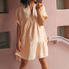 HDHPlus_ShortTieredDress_GoldStripe_10 Flowy V-neck Tiered Dress For Spring, Feminine V-neck Tiered Summer Dress, V-neck Tiered Dress With Ruffle Hem For Day Out, Summer V-neck Tiered Dress For Daywear, Spring Tiered V-neck Dress With Ruffles, Striped V-neck Midi Dress For Daywear, Relaxed Fit V-neck Dress With Ruffles, Chic Short Sleeve Tiered Dress For Daywear, Casual V-neck Dress With Ruffle Hem For Spring