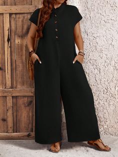 Plus Size Women Summer Stand Collar Batwing Short Sleeve Button Decor Pocket Wide-Leg Jumpsuit Black Casual  Sleeveless Woven Fabric Plain Unitard Non-Stretch  Women Plus Clothing, size features are:Bust: ,Length: ,Sleeve Length: Plus Size Baddie, Plus Size Baddie Outfits, Apple Body Shapes, Button Decor, Plus Size Jumpsuit, Wide Leg Jumpsuit, Black Jumpsuit, Bat Wings, Black Casual