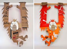 two different pictures of cardboard animals hanging from clothes pins