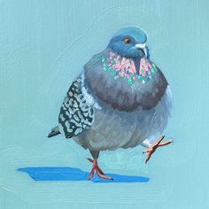 a painting of a blue bird with flowers on it's head and legs, standing in front of a green background