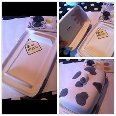 the cake is decorated with black and white polka dot designs on it's sides