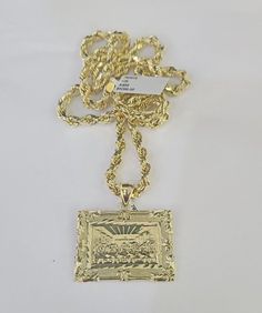 Globalwatches10 Is Presenting You with This Beautifully Designed Last Supper pendent with Rope Chain in various lengths. The Length of the charm is 1.5 inch approx. Please feel free to contact us if you have any queries regarding the item. These Beautiful chains and pendants will not tarnish, discolor, or fade because they are Pure 10K Gold. 24"-A9B3 Metal Purity 10K Yellow Gold Gender Unisex Weight 18" Chain Only 6.5-7.5 Grams (approx.)   Weight 20" Chain Only 7.5-8.5 Grams (approx.) Weight 22" Chain Only 8-9 Grams (approx.) Weight 24" Chain Only 9-10 Grams (approx.) Weight 26" Chain Only 9.5-10.5 Grams (approx.) Width Of Chain 5mm (approx.) Weight of the pendant  4.5-5.5 Grams   Please note that there can be a difference of +-10%  on the weight and width of the item.  RETURN POLICY The i Men’s Gold Chain Pendent, Custom Gold Jewelry, Expensive Jewelry Luxury, Last Supper, Expensive Jewelry, Dope Jewelry, Jewelry Lookbook, Rope Chain, Chains For Men