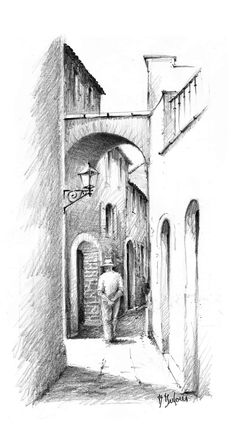 a drawing of a man walking down an alley way