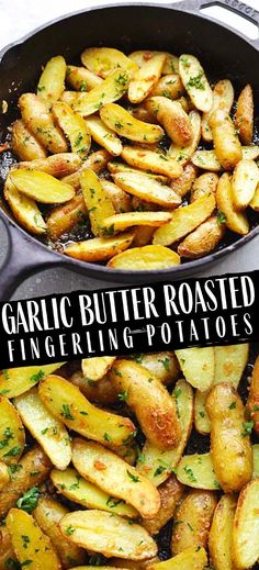 garlic butter roasted fingerling potatoes in a cast iron skillet with text overlay