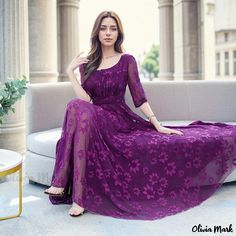 Olivia Mark - Elegant Purple Maxi Dress with Chic Design and Flared Skirt Elegant Purple Dresses, Sweetheart Neckline Dress, Purple Maxi, Purple Maxi Dress, Purple Midi Dress, Long Dress Casual, Pleated Maxi Dress, Jacquard Dress, Bell Sleeve Dress