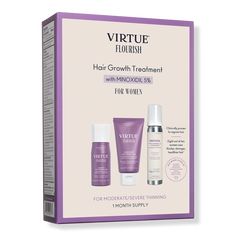 Flourish Hair Growth Treatment Kit with Minoxidil 1 Month Kit - A Minoxidil-based regimen by Virtue Flourish that nourishes the scalp and reactivates hair follicles to stimulate growth. The Hair Growth Treatment with Minoxidil 5% 1 Month Kit is a three step system ideal for moderate to severe hair loss.BenefitsFlourish Shampoo and Conditioner nourish and strengthen new growth, reducing the rate of breakage and helping hair grow to maturity.Minoxidil is the only single ingredient medically proven Hair Growth Per Month, Healthy Hair Products, Hair Growth Tablets, Hair Regrowth Remedies, Hair Growth Women, Hair Growth Secrets, Shampoo For Thinning Hair, Hair Regrowth Treatments, Hair Remedies For Growth