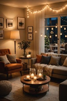 a living room filled with lots of furniture next to a large window covered in christmas lights