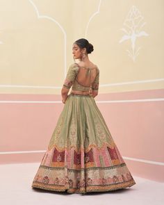 Light Green Lehenga Color Combos, Pista Green Anarkali Set With Meenakari Details, Green Meenakari Anarkali Set For Wedding, Pista Green Anarkali Set With Meenakari, Green Traditional Wear For Reception With Meenakari, Reception Green Traditional Wear With Meenakari, Wedding Green Meenakari Anarkali Set, Green Semi-stitched Meenakari Choli, Designer Green Choli With Intricate Embroidery