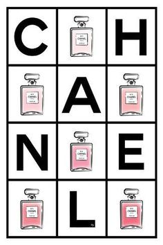 the words chanel are arranged in black and white squares with pink perfume bottles on them