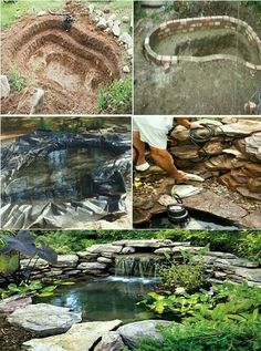 several pictures of different types of water and rocks in various stages of construction, including a pond