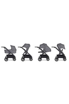 three baby strollers sitting next to each other in front of a white background,