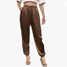 Nwot Uniqlo Xs Satin Drape Joggers Taupe Brown Fitted Uniqlo Bottoms For Fall, Uniqlo Fitted Casual Bottoms, Casual Uniqlo Pants With Pockets, Casual Uniqlo Trousers, Silky Pants, Uniqlo Pants, Satin Trousers, Early Winter, White T Shirts