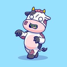 a cartoon cow is running with its eyes closed and tongue out, on a blue background