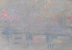 an abstract painting with blue, pink and white colors on the bottom half of it