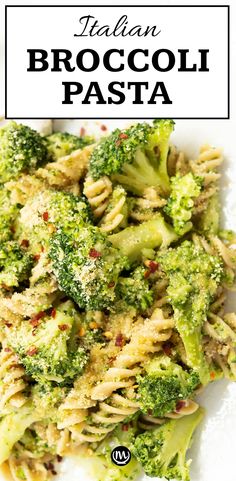 broccoli pasta on a white plate with the words italian broccoli pasta