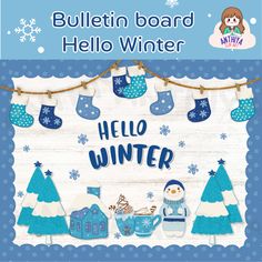 bulletin board hello winter with snowman and stockings