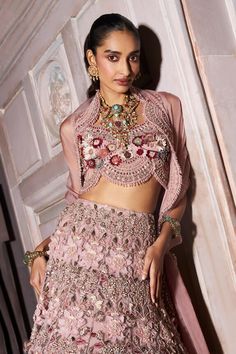 Blush pink attached cancan lehenga with floral applique, pearl, cutdana, sequin embellishment. Paired with floral embellished padded blouse and scallop border embellished dupatta. - Aza Fashions Bollywood Pink Sets For Navratri, Pink Bollywood Sets For Navratri, Pink Organza Party Wear Pre-draped Saree, Festive Pink Choli With Tilla Detailing, Festive Pink Choli With Tilla Embroidery, Festive Pink Tilla Choli, Pink Tilla Choli For Diwali, Pink Party Wear Pre-draped Saree For Festivals, Bollywood Style Pink Sets For Diwali