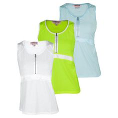 three women's tennis dresses with zippers on the front and back, all in different colors