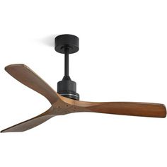 a black ceiling fan with wooden blades