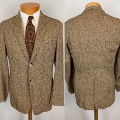 "Men's Vintage 70s Does 30s Style Banded Back Brown Tweed Sports Coat  2-button  Center vent Banded back Patch pockets  2-button cuff Fully lined  Great condition.  No size label. Estimated size 39 Measurements  20\" across the chest  17-1/2\" shoulder to shoulder  25-1/2\" outer sleeve length  34\" from collar fold to hem" Brown Tweed Jacket With Button Closure For Semi-formal Occasions, Semi-formal Brown Tweed Jacket With Button Closure, Fitted Brown Tweed Jacket With Single Button, Brown Fitted Tweed Jacket With Single Button, Fitted Brown Single Button Tweed Jacket, Brown Single Button Fitted Tweed Jacket, Fitted Tweed Sport Coat For Semi-formal Occasions, Vintage Tweed Suit For Formal Occasions, Semi-formal Brown Tweed Jacket With Buttons