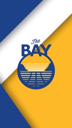 the bay logo is shown on a blue and yellow background with an orange stripe behind it