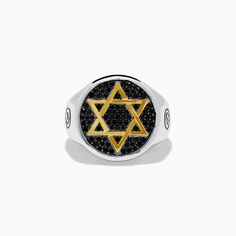 Effy Men's 925 Sterling Silver and Gold Plated Black Spinel Star of David Ring Luxury Silver Star Of David Jewelry, White Gold Star Of David Polished Jewelry, White Gold Star Of David Jewelry With Polished Finish, Symbolic Black Star Of David Jewelry, Luxury Silver Star-shaped Ring, Luxury Sterling Silver Star Of David Jewelry, David Ring, Effy Jewelry, Black Spinel