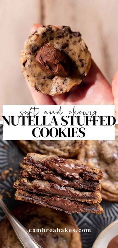 chocolate chip nutella stuffed cookies with text overlay