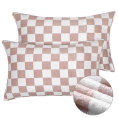 two pink and white checkerboard pillows with one pillow on the left side, and another