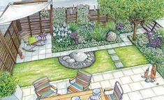 this is an artist's rendering of a backyard garden with seating and fire pit