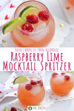 raspberry lime cocktail in a glass with limes and garnish