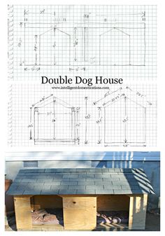 the plans for a dog house are shown in blueprints and on top of a wooden