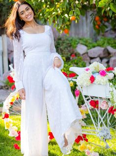 Co Ord Suit, White Chiffon Blouse, Chiffon Tops Blouses, Wide Leg Palazzo Pants, Rounded Square, White Chiffon, Indian Designer, Long Puff Sleeves, Indian Designer Wear