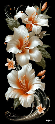 some white and orange flowers on a black background