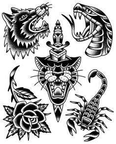 an old school style tattoo design with various animals and scorpions on the side, including one