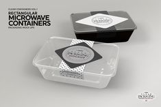 two plastic containers with black and white labels on them