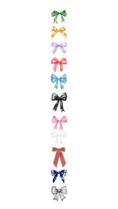 six different colored bows are lined up in the shape of a rainbow line on a white background