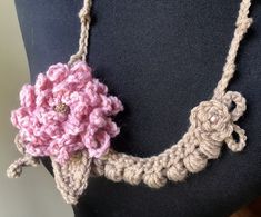 Handmade by Me ~ Fifi Beautiful and Delicate “Summer Rose” crocheted necklace in pink and beige wool and acrylic yarn. The large rose features a centered rhinestone ball and the small rose a pink faux pearl. Measures 12 ½ inch long and 7 inches wide. Pink Flower Necklace For Summer Gift, Summer Pink Flower Necklace As A Gift, Adjustable Pink Necklace With Rose Design, Spring Handmade Flower Necklace As Gift, Handmade Flower Necklace For Spring Gift, Vintage Necklaces As Summer Gifts, Vintage Necklace For Summer Gift, Vintage Necklaces For Summer Gift, Summer Rose