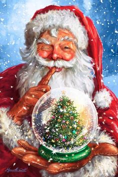 a painting of santa holding a snow globe with a christmas tree in it's mouth