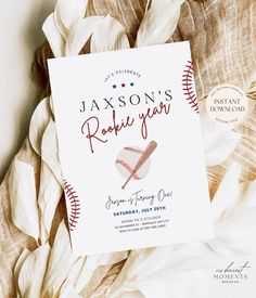 a baseball themed birthday party card on top of some white flowers and leaves with the words, person's rockin'year written in red lettering