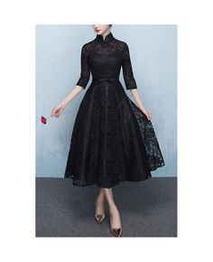 Get 10% off now! Buy black lace tea length homecoming dress with collar at cheap price online. Free stable shipping and pro custom service since 2009. Sangjit Dress, Cheongsam Design, Tea Length Homecoming Dresses, Tulle Outfit, China Beauty, Cocktail Dress Classy, Mandarin Collar Dress, Skirt Tulle, Dresses Ladies