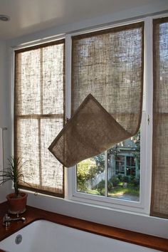 a bathroom window with two shades hanging over the bathtub, and a potted plant next to it