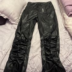 Ruched Hem Leather Pants, Petite, Never Worn!! Side Zip Pants, Side Pants, Sequin Pants, Grey Camo, How To Hem Pants, Printed Trousers, Leather Trousers, Faux Leather Pants, Denim Coat